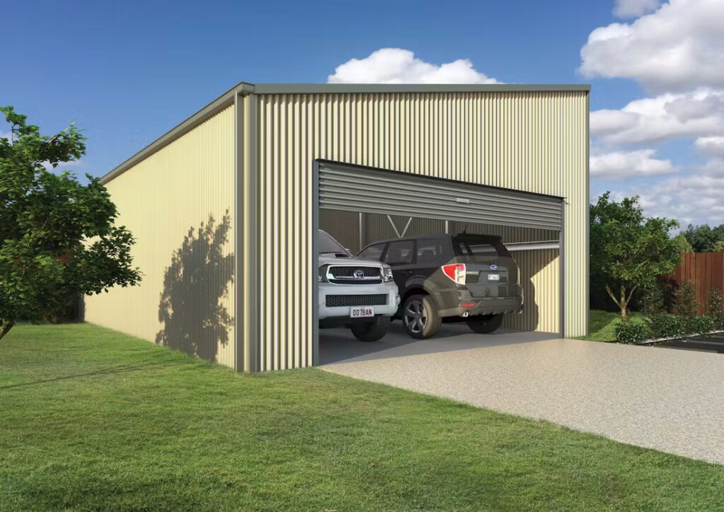 A beige metal garage with two cars parked inside on a sunny day.